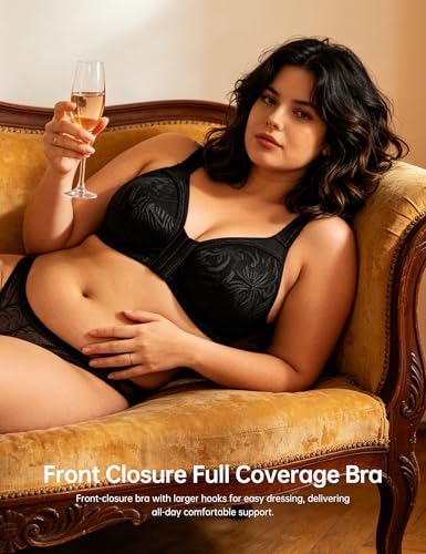 Image of Wingslove Women's Front Closure Minimizer Bra Full Coverage Wirefree Comfort Plus Size Racerback Jacquard Non Padded