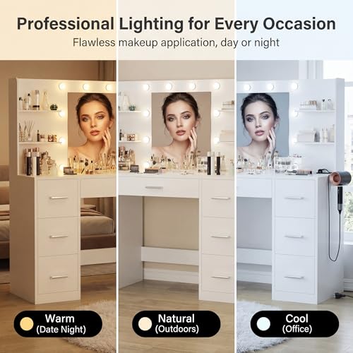 Image of Furmax Vanity Desk with Mirror, LED Lights and Power Outlet Makeup Vanity Table with 7 Drawers and 6 Storage Shelves Dressing Table for Bedroom Dressing Room (Bright White)