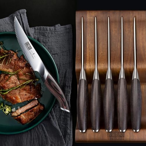 HOSHANHO Steak Knives Set of 7, 4.5 Inch Serrated Steak Knife Set with Block, Japanese High Carbon Steel Kitchen Steak Knives with Ergonomic Handle - Image 5