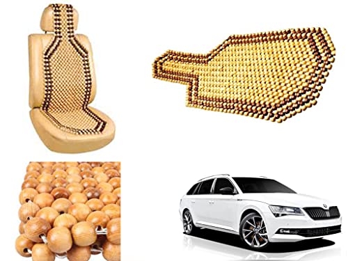 Image of Car Bead Seat Wooden Beads Cushion Cover Pad for Skoda Superb 2019, Acupressure Sitting Seat Cover | Cream Color - Pack of 1