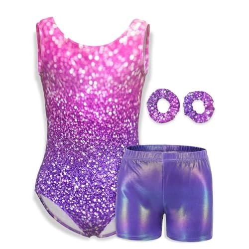 MOLLDAN Girls Gymnastics Leotard Athletic Biketard Unitard Tumbling Activewear Outfits for kids Purple-pink Set 8Y(8-9 Years)