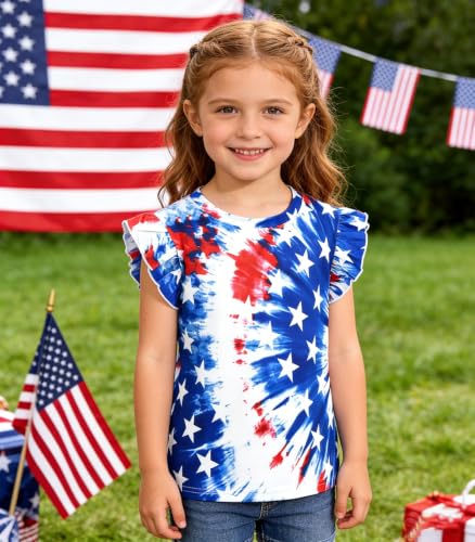 Image of Tkria Girls 4th of July Tank Tops Red White and Blue Shirt Toddler Girl American Flag Patriotic Outfit 2-7 Years