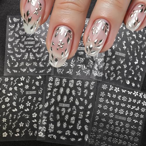 Silver Leaf Flower Nail Stickers Fall Autumn Metallic Nail Decal