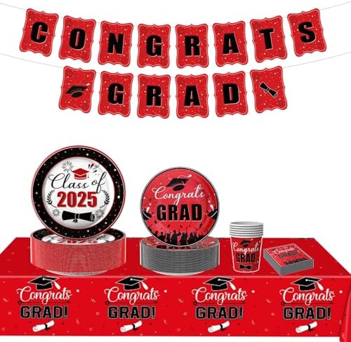 126PCS Graduation Party Decorations of Class 2025 – Including Disposable Paper Plates, Congratulation Banner, Tablecloth, Cups & Napkins for graduation party Supplies 126PCS Graduation Party Decorations of Class 2025 – Including Disposable Paper Plates, Congratulation Banner, Tablecloth, Cups & Napkins for graduation party Supplies