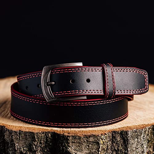 NAB’s Signature Quality Leather Belt for Men – Handmade in Toronto –Diablo Belt Design featuring a red Belt adorned with bold red stitches, Great for Casual Wear, Handcrafted Work Belts for Men2