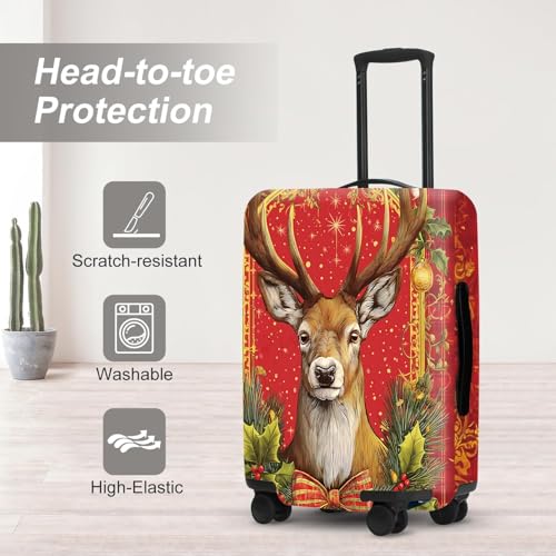 Image of Vintage Plaid Luggage Cover - Red Tartan with Golden Deer and Holly, Classic Stretchable Suitcase Cover 24 26 Inch