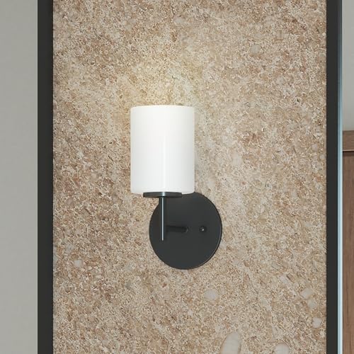 Image of Progress Lighting Replay Collection 1 Light Bathroom Vanity Light, Modern Bath Lighting Fixture with Etched White Glass Shades for Over The Mirror, Reversible Mounting, Textured Black