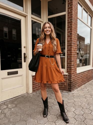 Image of Dokotoo Womens Summer Dresses 2026 V Neck A Line Short Sleeve Casual Ruffle Babydoll Mini Dress