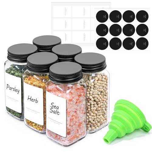 ComSaf 6Pcs 4oz Glass Spice Jars with Shaker Lids, 21 Labels, Spice Jars Trial Set & Supplement Set, Empty Spice Containers and Square Spice Bottles for Kitchen and Seasoning