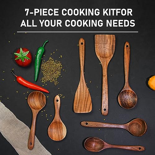 Conjunto de espátula de madeira 7 peças de colher de madeira de utensílio de cozinha de teca natural