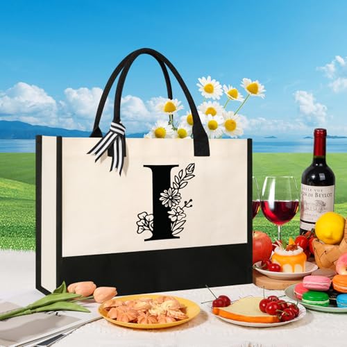 Image of Tecanne Personalized Initial Canvas Tote Bag, Suitable for Birthday, Wedding, Beach, Holiday, Gifts for Women, Mom, Teachers, Nurses, Best Friends, Bridesmaids (I)