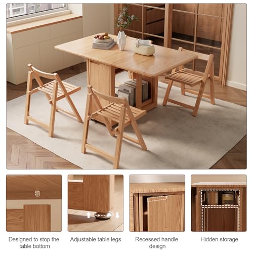 Image of AnywaysWood Folding Dining Table with 4 Foldable Chairs Set, Space Saving Extendable Solid Wood Drop Leaf Table for Kitchen Dining Living Room Small Spaces Easy Assembly (55.12 inchx31.5 inchx30 inch)