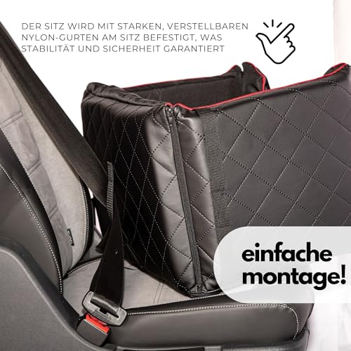 Golden Dog - Transportbox Hund mit Sicherheitsgurt M-52x44x33 cm - Leder Imitation Autositz Hund, Wasserdicht Hundesitz Auto - Beifahrersitz Hundebox Faltbar - Anschnallgurt Hundekorb Auto Schwarz