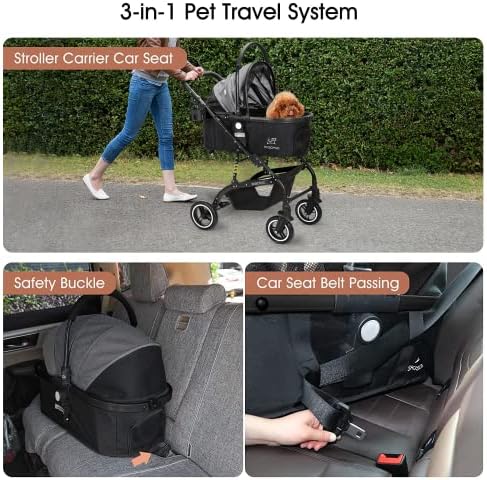 SKISOPGO 3-in-1 Pet Strollers for Small Medium Dogs Cat with Detachable Carrier Foldable Travel Pet Gear Stroller (Black & Gray)