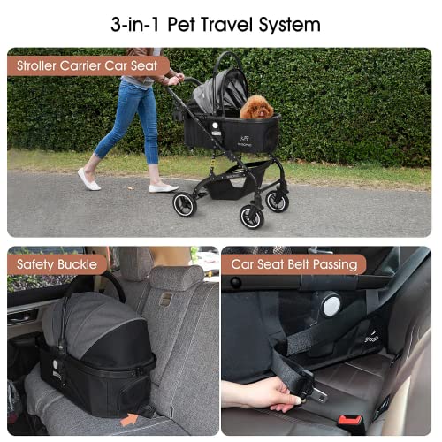 3-in-1 Pet Strollers for Small Medium Dogs Cat with Detachable Carrier Foldable Travel Pet Gear Stroller (Black & Gray)