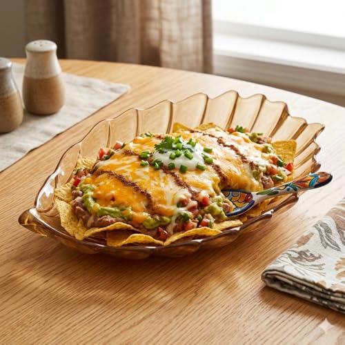 Image of Elegant Amber Glass Leaf-Shaped Serving Plate Set of 1, Decorative Glass Tray for Snacks, Dry Fruits & Desserts Premium Tableware for Home, Dining & Gifting