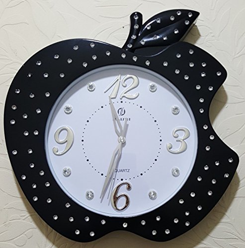 nmt Large Apple Shape Fancy Wall Clock, Diamond Details, Ideal for Home Available in Black, Red and White Colours (Black)