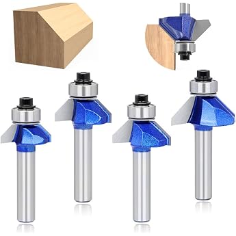 ASNOMY 4 pieces 8mm shaft 45 degree angle bevel cutter standard for Wood 45 degree bevel / Bevel mount router bit for carpentry bevel woodworking trim cutter for router set