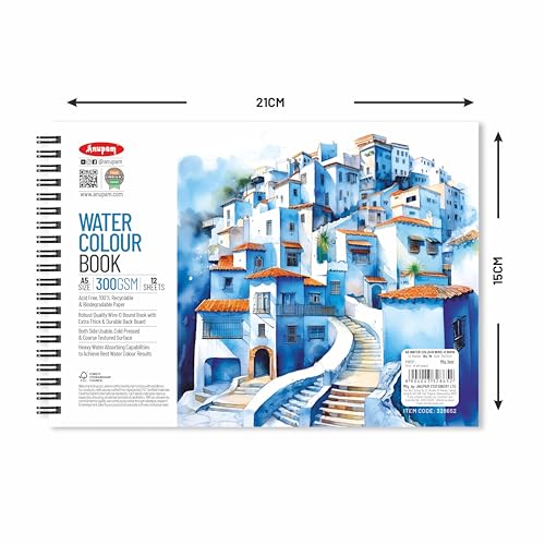 Image of Anupam Artists Watercolour Wire-O Book 300 GSM Cold Pressed A5, 24 Pages for Watercolour, Gouache, Ink, Acrylic, Wet & Mixed Media, Art Painting, Drawing for Artists & Amateurs {Random Cover page}