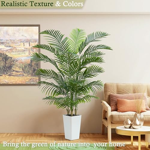 Image of Artificial Palm Tree:6FT Tall Fake Areca Palm Plant (White Planter)