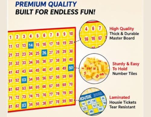 Image of Housie 72 Cards Premium Tambola Game Set | Bingo Board Game with 72 Reusable Cards, 90 Number Tiles & Master Board | No Pen No Paper Required | Family Party Game for Kids & Adults | Festival Fun