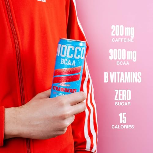 Image of NOCCO Zero Sugar Energy Drink, Miami Strawberry - 12 Fl Oz (Pack of 12) - 180mg Caffeine, Sugar Free, Branched Chain Amino Acids, Carbonated, Low Calorie, B Vitamins, Grab & Go Performance Beverage