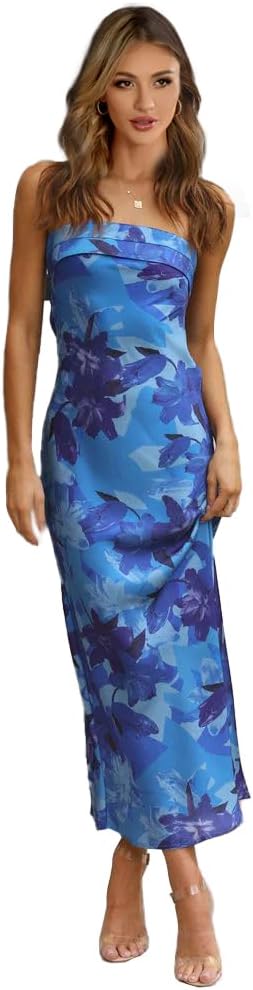 GOLDSTITCH Women's Maxi Bodycon Dresses Backless Tube Dress Low Back Hollow Out Elegant Strapless Long Dresses Wedding Guest