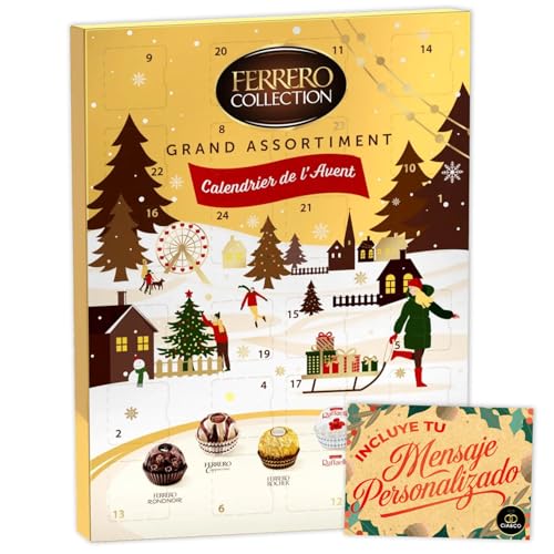 Calendarios de adviento de chocolate 27 Calendario de Adviento FERRERO ROCHER Gran Familia 2025 + Tarjeta Personalizable Cia&Co con 24 Bombones Gourmet Ferrero Rocher, Rondnoir, Raffaello, Cappuccino y Manderly · Regalo Navideño · 256 grs
