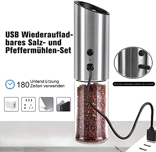 Electric Salt and Pepper Mill, Gravity Pepper Mill, USB Rechargeable Electric Salt and Pepper Grinder, Adjustable Coarseness, 170 ml High Capacity, Easy Refillable & CleanKitchen Gift
