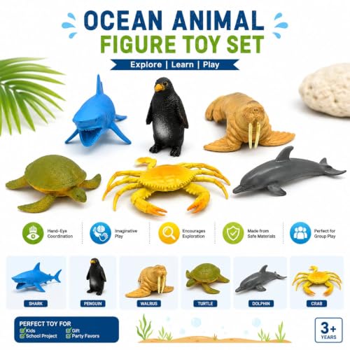 Image of 6-Pcs Aquatic & Sea Animal Toy Set for Kids 2+ Years | Penguin, Shark, Crab & More | Educational Ocean Life Action Figures | Birthday Gift for Boys & Girls