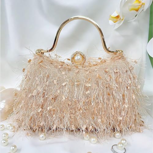 Ronfoxi Gold Clutch Purses For Women,Fluffy Tassel Evening Handbag For Wedding Engagement Prom Party thumb #5