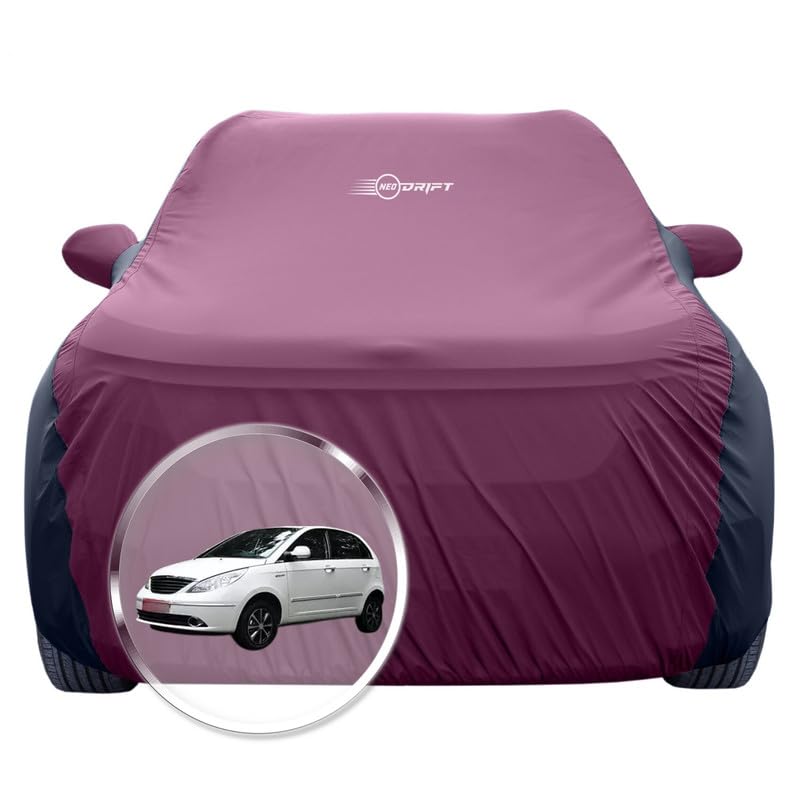 Image of NEODRIFT 'SuperTech' Car Cover for Tata Vista (100% Water-Resistant, All Weather Protection, Tailored Fit, Multi-Layered & Breathable Fabric) (Colour: Maroon+Black)