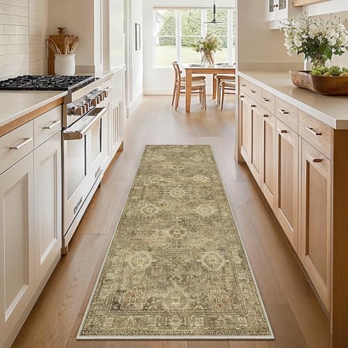 GENIMO 2X5 Hallway Runner Rug, Machine Washable Non Slip Vintage Floral Patchwork Runners, Thin Low Pile Chenille Carpet Runners for Entryway, Kitchen, Bathroom, Bedroom, Straw
