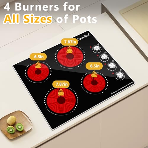 Image of 24 Inch Electric Cooktop, 4 Burner Ceramic Stove with 9 Power Levels, Knob Control, Auto shutdown and Residual Heat Warning, 6000W, 220-240V for Hard Wire