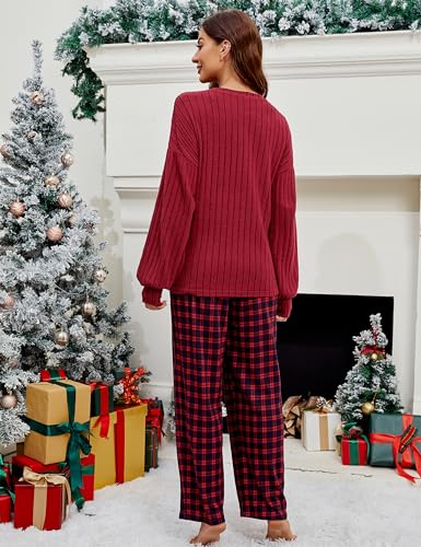 Image of Blooming Jelly Women Ribbed Long Sleeve Pajama Sets Fall Loungewear Pockets | 2 Piece Lounge Pj Matching Set Cute Casual Outfit Fleece Drawstring Crew Neck Wide Leg Flannel Soft Sleepwear