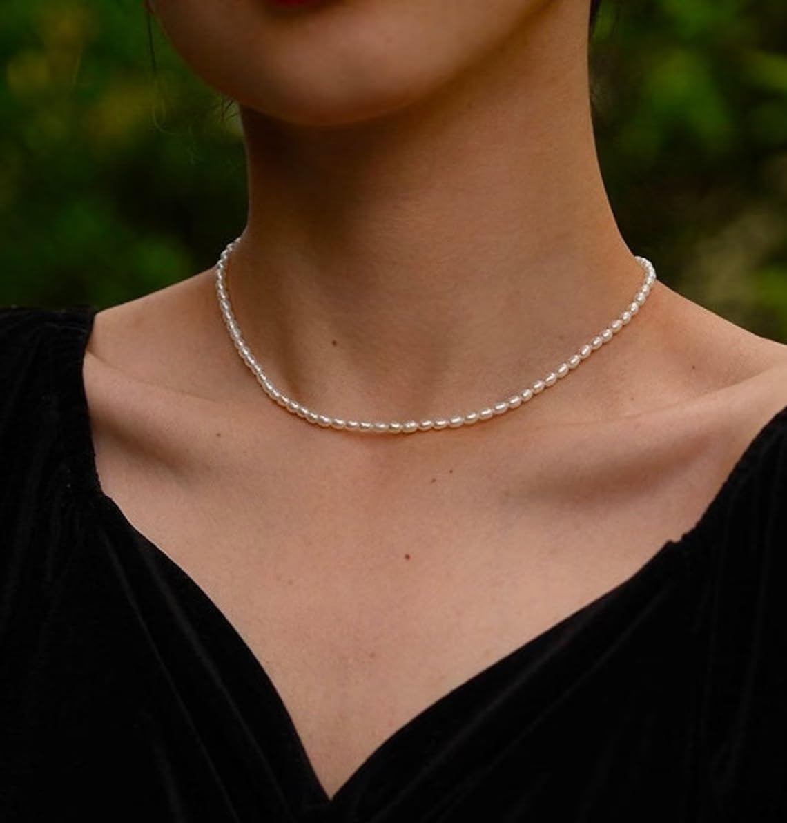 Pearl Necklace for Women and Girls, Handmade 14” Choker with Tiny White Freshwater Pearls, Silver Clasp, and 3” Adjustable Chain, Cute Trendy Layered Necklaces - Image 5