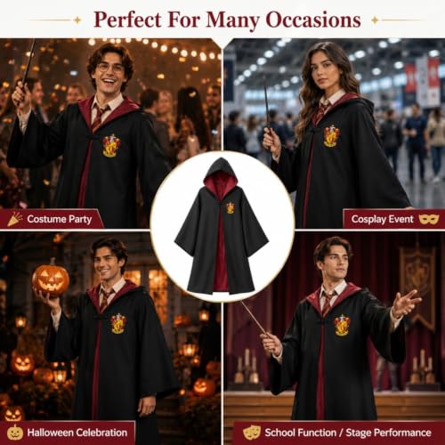Image of Wanna Party Magician Wizard Robe Costume, XL Size | Black Hooded Fancy Dress Cloak for Halloween, School Functions, Theme Parties, Stage Performances & Cosplay