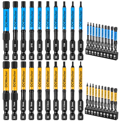 3-Inch Impact Hex Bit Set, 20PCS Metric & SAE Allen Wrench Drill Bits, S2 Steel 1/4' Hex Shank Magnetic Screwdriver Bits, CNC Tips, Storage Holder for Automotive Repair & Furniture Assembly