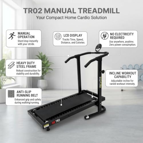 Image of National Bodyline TR02 Manual Treadmill for Home Non-Electric Foldable Walking & Jogging Machine 48 x 13 Inch Running Surface Heavy Duty Steel Frame LCD Display Black