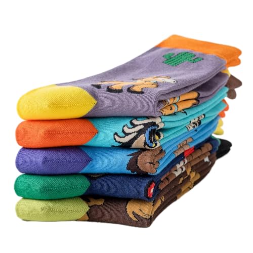 Men's Novelty Cartoon Animal Plant Pattern Cotton Crew Socks 5 pairs4