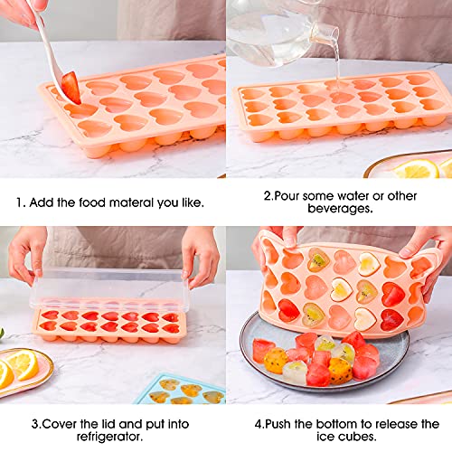 Iaxsee 2-Pack Silicone Ice Cube Tray With Lid, Heart Ice Cube Tray & Square Silicone Ice Cube Mold Easy-Release And Flexible 21 Ice Tray With Removable Lid, Ice Tray For Freezer (Pink) #TOP5