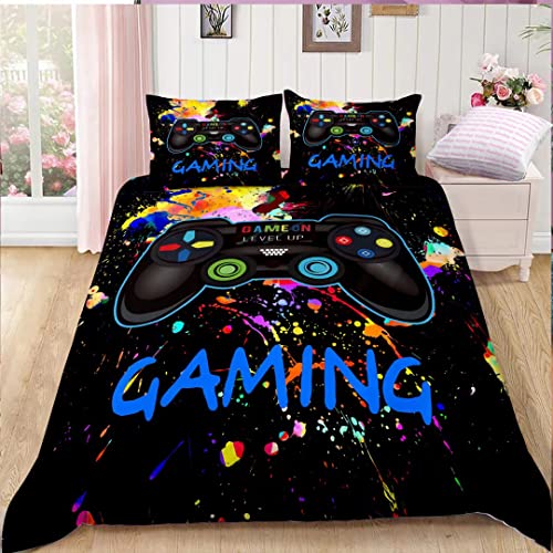 Blue Gamepad Duvet Cover Twin Size,Boy Teens Video Games Gaming Bedding Set,Game Console Controller Playstation 4 Pattern Duvet Cover,Game Bedrooom Decor (1Duvet Cover +1Pillowcase)