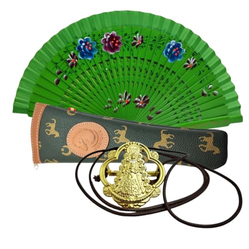 Abanico Pliable en Bois avec Fleurs Peintes à la Main avec Housse et Crochet pour Éventail. Housse en Toile avec Fermeture Éclair et Crochet en Métal...