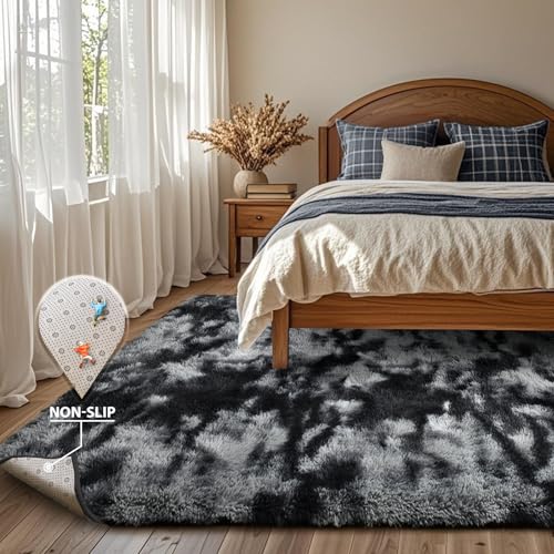 Black Grey Rugs for Bedroom Fluffy 3x5 Area Rug,Super Fuzzy Fur Living Room Carpet for Boys Dorm Office Nursery Modern Home Decor