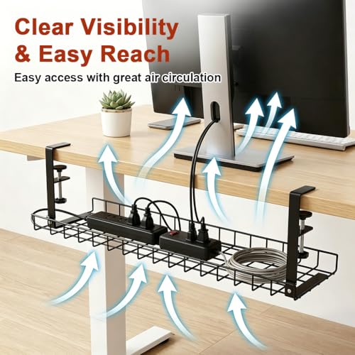 Image of Under Desk Cable Management Tray, No-Drill Clamp-On Wire Organizer Basket with Retractable Design, 29.5x7.5 in Large Storage Tray with Zip Ties & Cable Clips for Office Desk and Home Workspace