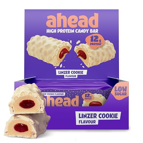 ahead Protein Riegel | LINZER Cookie | 14x 45g Extra softer Protein Riegel mit cremigem Kern | Low Carb Eiweißriegel ohne Zuckerzusatz & ohne Palmöl