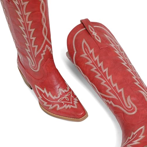Image of mikarka Western Cowboy Boots for Women Cowgirl Knee High Boots Pointed Toe Chunky Heel Faux Leather & Suede Vintage Classic Tall Boots