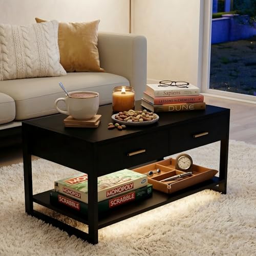 Image of Multi-Functional Coffee Table with Foot-Sensor Light, 2 Large Drawers & Open Shelf, Sturdy Frame Versatile Coffee Table with Vintage Metal Handle for Living Room /Office /Outdoor Patio
