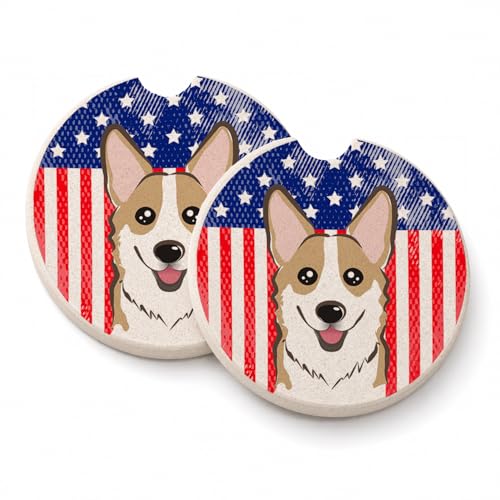 Caroline's Treasures BB2183CARC American Flag and Sable Corgi Set of 2 Cup Holder Car Coasters Absorbent Sandstone Coasters for Car Cup Holders Gifts for Men or Women, Large, Multicolor