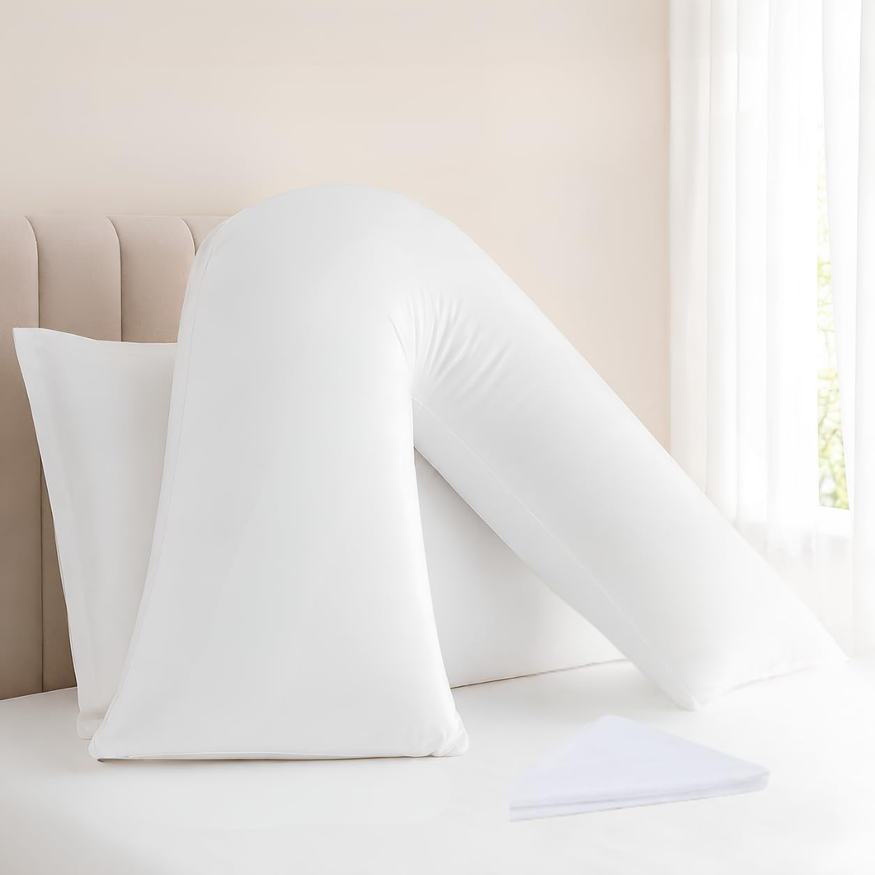 PLUSH PALACE Orthopedic V Pillow with Pillowcase – Premium Hollowfibre Filled V Shaped Pillows for Neck and Back Pain Relief – Ideal for Every Sleeping Positions (White – 75 X 35cm)